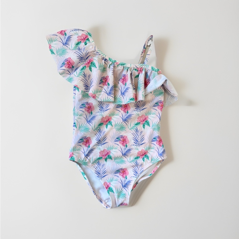 JANIE AND JACK Sz 4 Yrs Girls Tropical Floral Ruffle Asymmetrical Swimsuit Pink